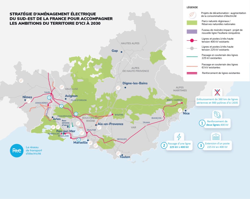 Carte de la stratégie d’aménagement électrique du Sud-Est de la France à l’horizon 2030, présentée par RTE, avec les principaux projets de renforcement du réseau et les infrastructures liées notamment à la décarbonation de la zone Fos-Berre.